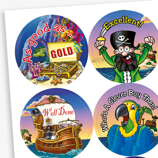A sheet of circular stickers featuring pirate scenes including 'As good as ….GOLD' with underwater treasure; a pirate with a cutlass saying 'Excellent'; A pirate ship with it's main sail saying 'Well Done'; and a parrot saying 'Who's A Clever Boy Then!'.
