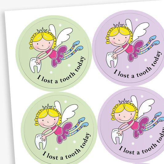 Sheet of circular stickers with pastel coloured backgrounds all saying 'I lost a tooth today'.  Each sticker has the main image of the tooth fairy flying and carrying a tooth.