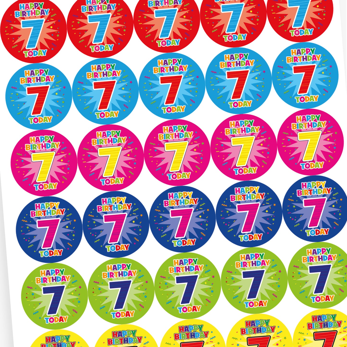 An overview of a sheet of circular birthday stickers for children, each with the message 'Happy Birthday 7 Today' in colourful, playful letters. The large number 7 is displayed in the centre of each sticker, with confetti and starburst designs in the background. Sticker colours include red, light blue, yellow, and dark blue.