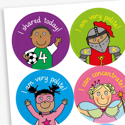 A sheet of circular stickers for children featuring cartoon characters and references to manners. Messages include 'I shared today!' with a smiling boy holding a football, 'I can concentrate!' with a girl wearing a fairy outfit, and another 'I am very politet!' with a cheerful knight character. Each sticker has a bright background in colours like green, teal, purple, and pink.