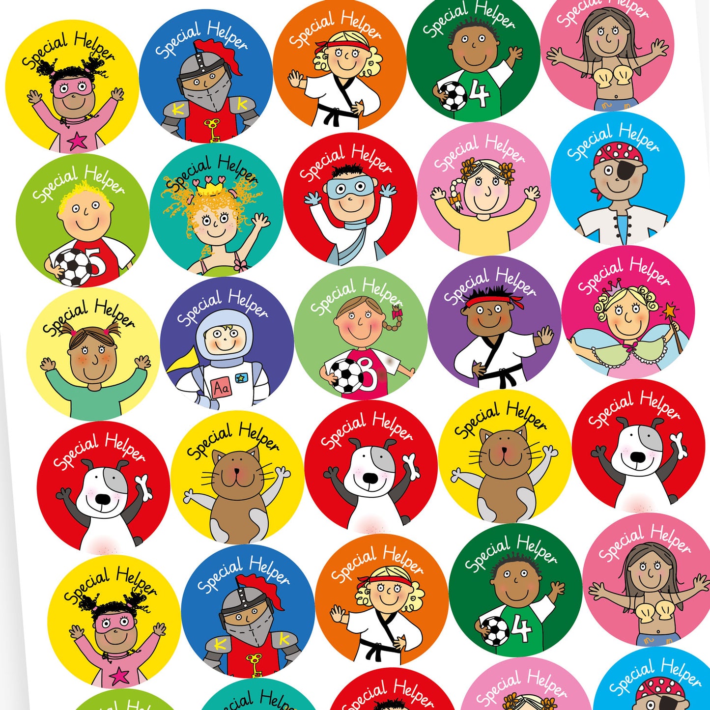 A sheet of circular stickers for children featuring cartoon characters and the phrase 'Special Helper'. Characters include a cat, a dog, an astronaut and a girl.