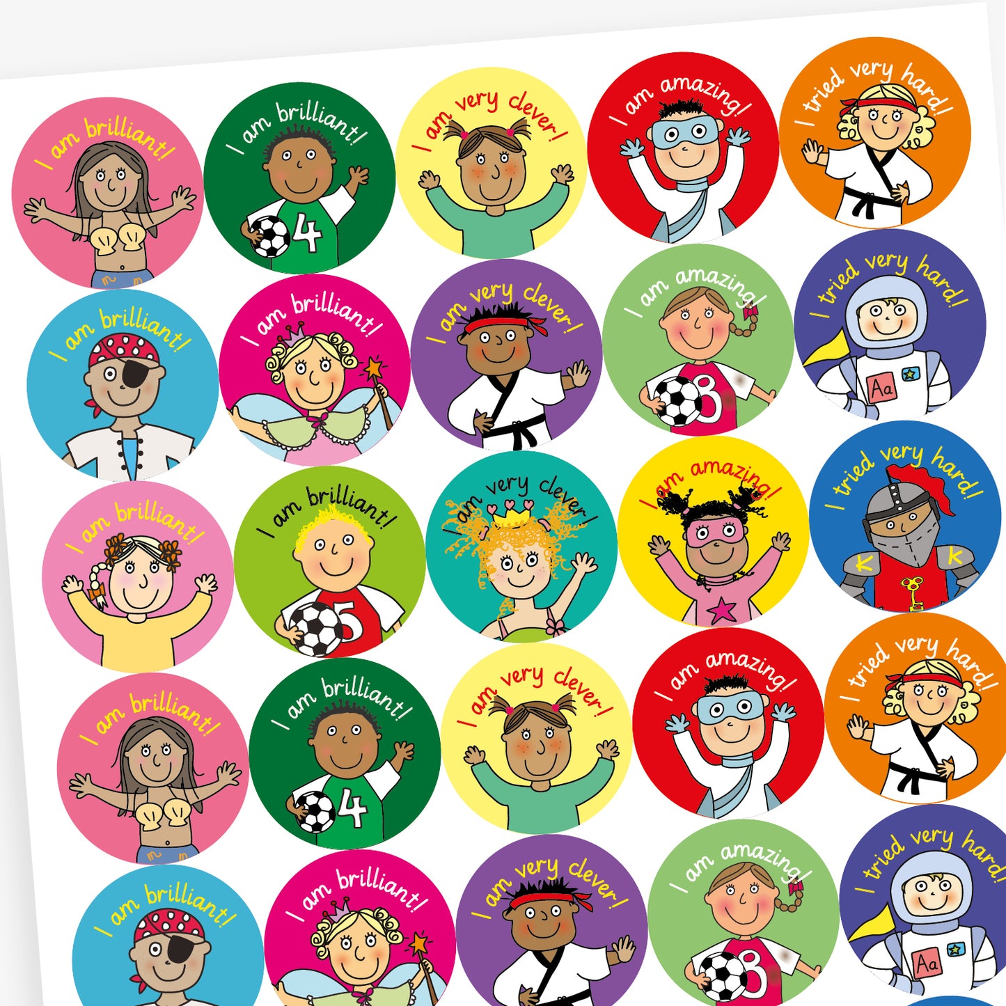 Overview of a sheet of circular motivational stickers for children featuring cartoon characters and positive affirmations. Messages include 'I am brilliant!' with a smiling boy holding a football, 'I am very clever!' with a girl wearing a crown, 'I tried very hard!' with a child in a karate uniform, and another 'I am brilliant!' with a cheerful pirate character. Each sticker has a bright background in colours like green, teal, orange, and blue.