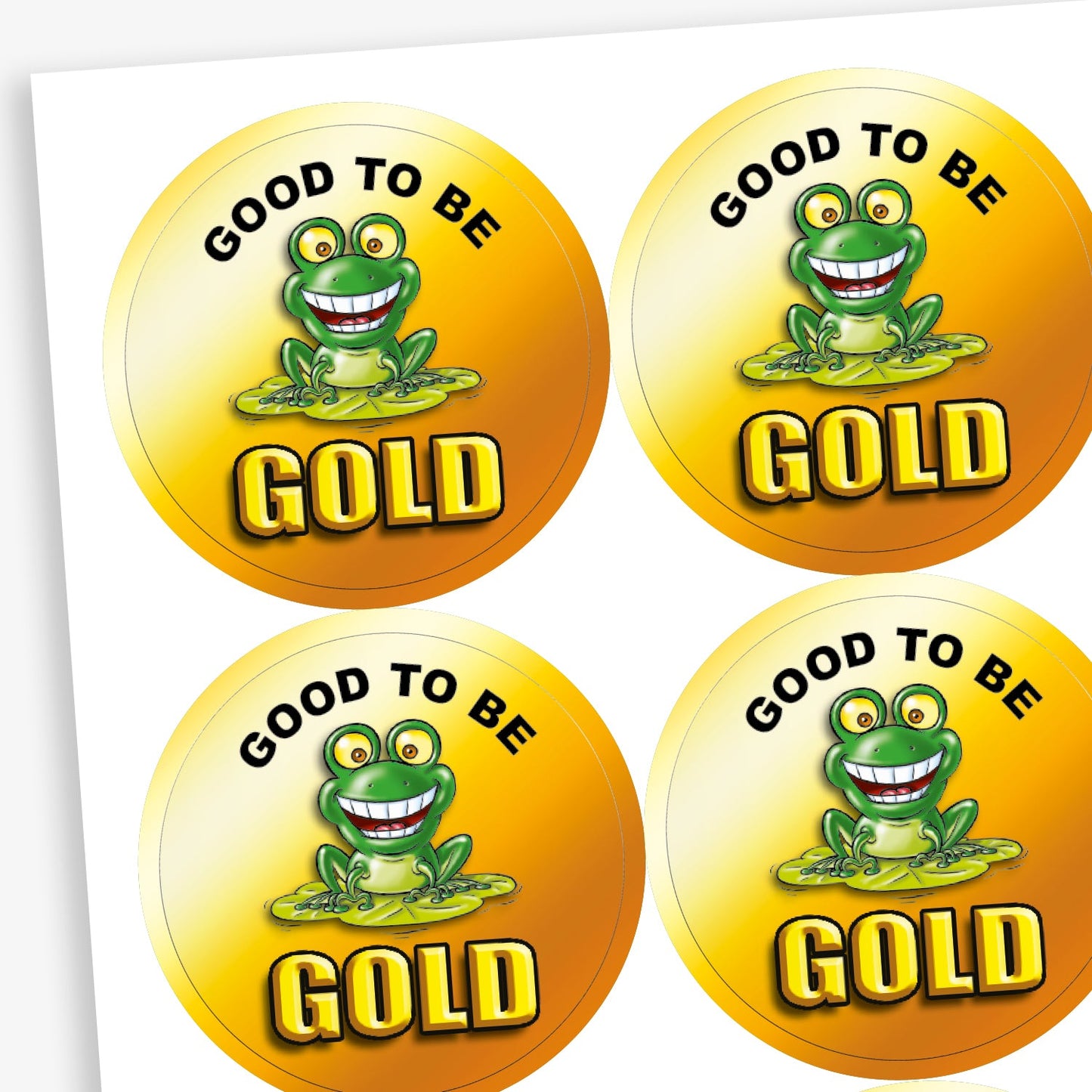 A sheet of round gold reward stickers featuring a smiling cartoon frog sitting on a lily pad. Each sticker includes the phrase 'GOOD TO BE GOLD' in bold black and gold text.