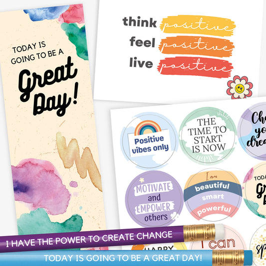 Collection of motivational school stationery items including a pastel watercolour bookmark reading 'Today is going to be a great day!', a quote card with 'think positive, feel positive, live positive', a sticker sheet with uplifting phrases like 'Positive vibes only' and 'The time to start is now', and pencils engraved with affirmations such as 'I HAVE THE POWER TO CREATE CHANGE'
