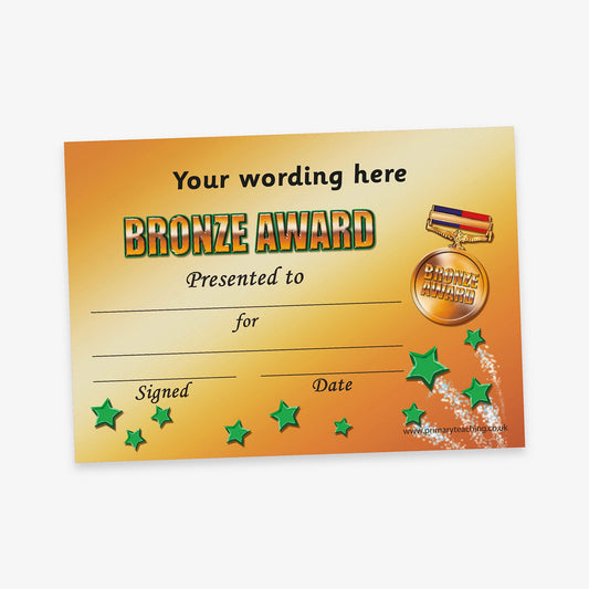 Bronze-coloured certificate titled 'Bronze Award' with customisable text fields for recipient name, reason, date, and signature, featuring a bronze medal illustration and green stars trailing across the bottom corner.