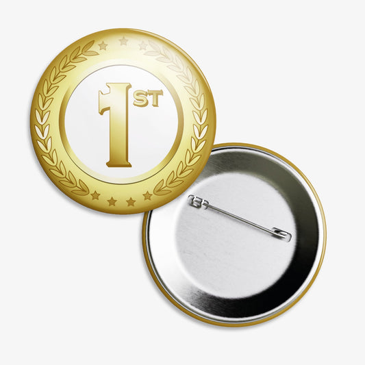 Set of 10, 38mm badges.  Gold outer ring with embossed effect laurel wreath design .  The centre of the badge is a white circle with '1ST' bold and central.  The reverse of the badge shows a pin fastening.