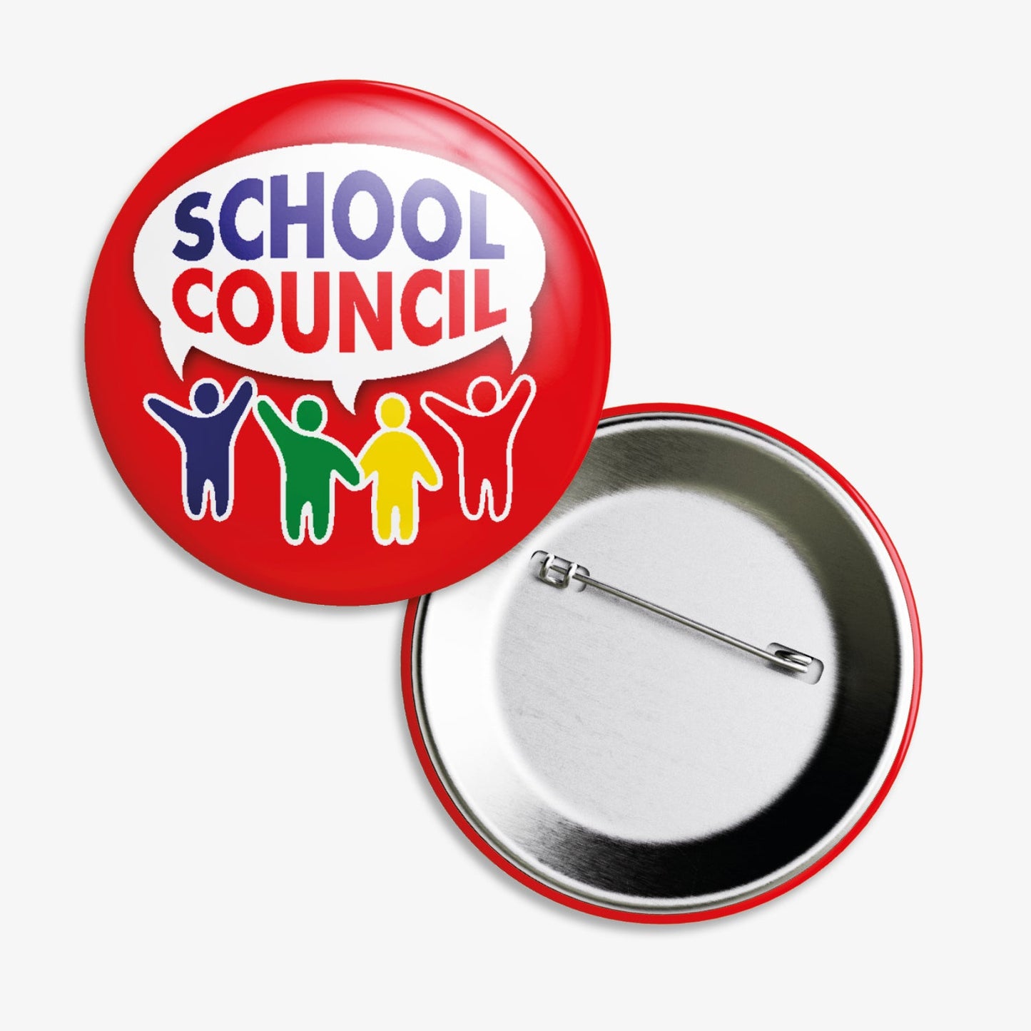 Set of ten 38mm round red badges with 4 colourful people shapes saying SCHOOL COUNCIL in a speech bubble.  The reverse is equipped with safety pin fastenings.