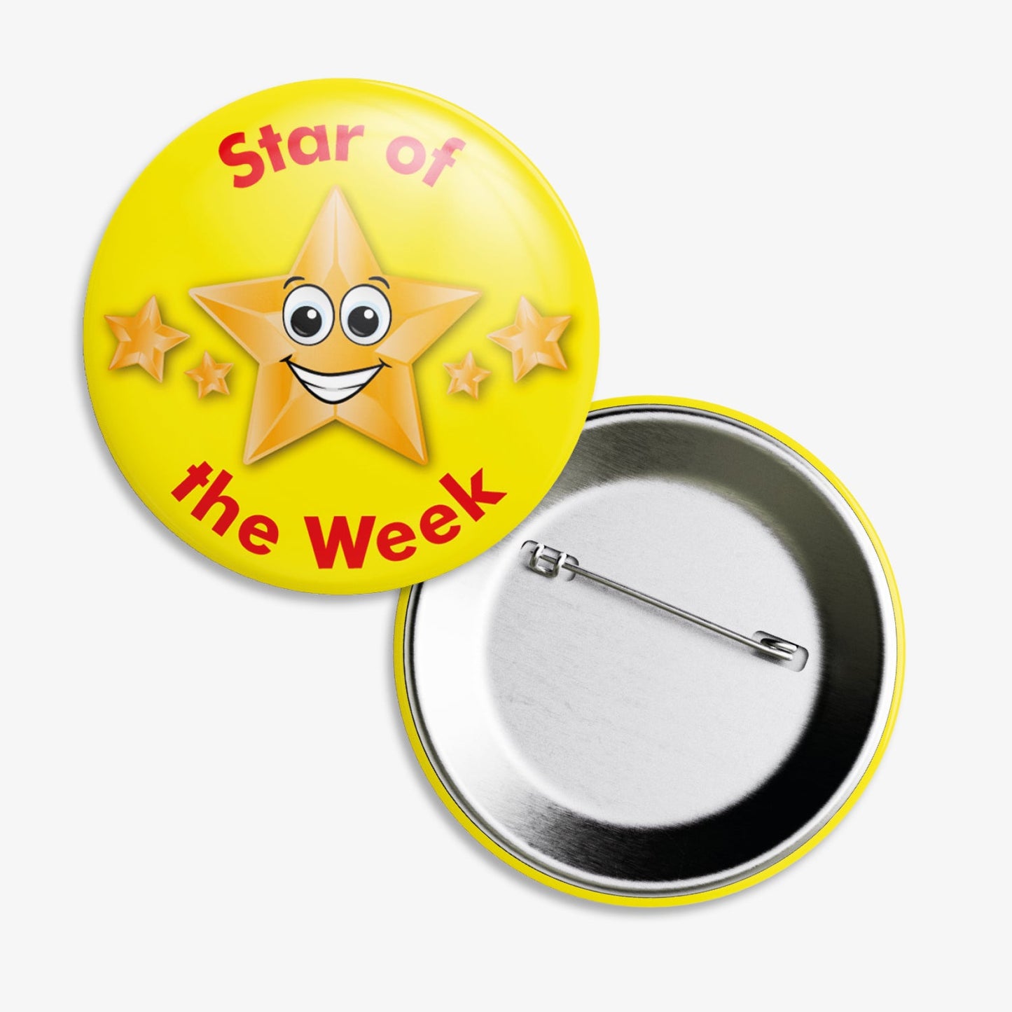 A 38mm circular badge with a yellow background, featuring a large central yellow star with a smiling face, flanked by two smaller yellow stars, and the white text 'Star of the Week' curved above and below the central star