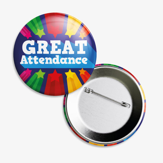 Set of ten 38mm round dark blue badges 'GREAT ATTENDANCE' central to the design and 5 shooting stars below.  The image shows the reverse of the badge to be equipped with a pin fastening.