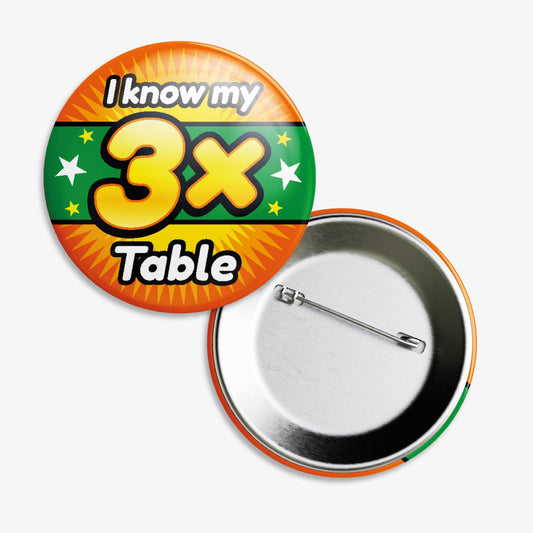 A 38mm circular badge with a vibrant green and yellow background, featuring the bold white text 'I know my' above a large yellow '3x' and the word 'Table' below, accented by white stars on either side.