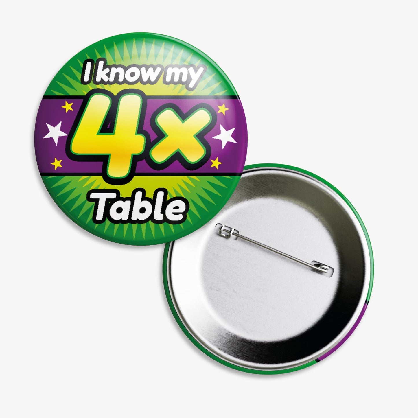 A 38mm circular badge with a vibrant green and purple background, featuring the bold white text 'I know my' above a large yellow '4x' and the word 'Table' below, accented by white stars on either side.
