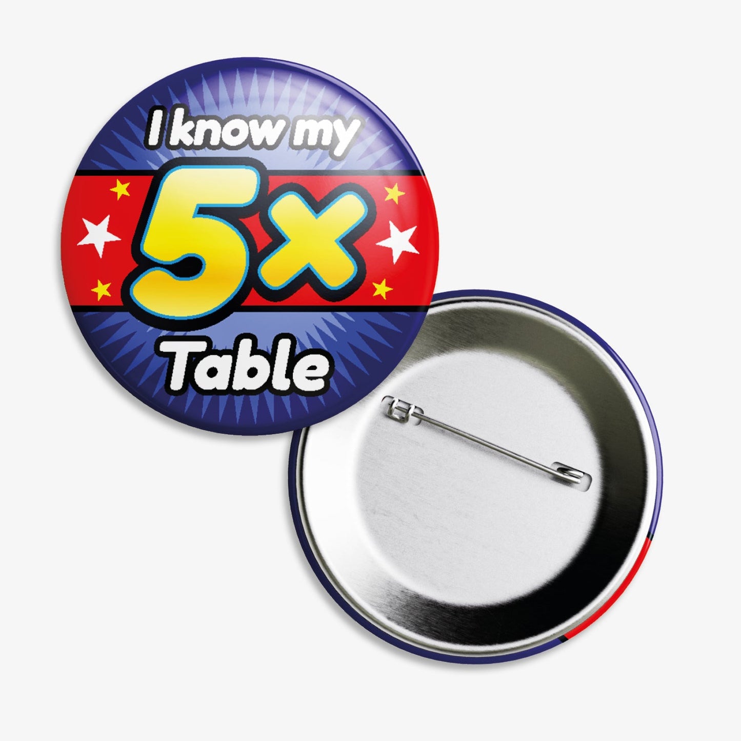 A 38mm circular badge with a vibrant red and blue background, featuring the bold white text 'I know my' above a large yellow '5x' and the word 'Table' below, accented by white stars on either side.