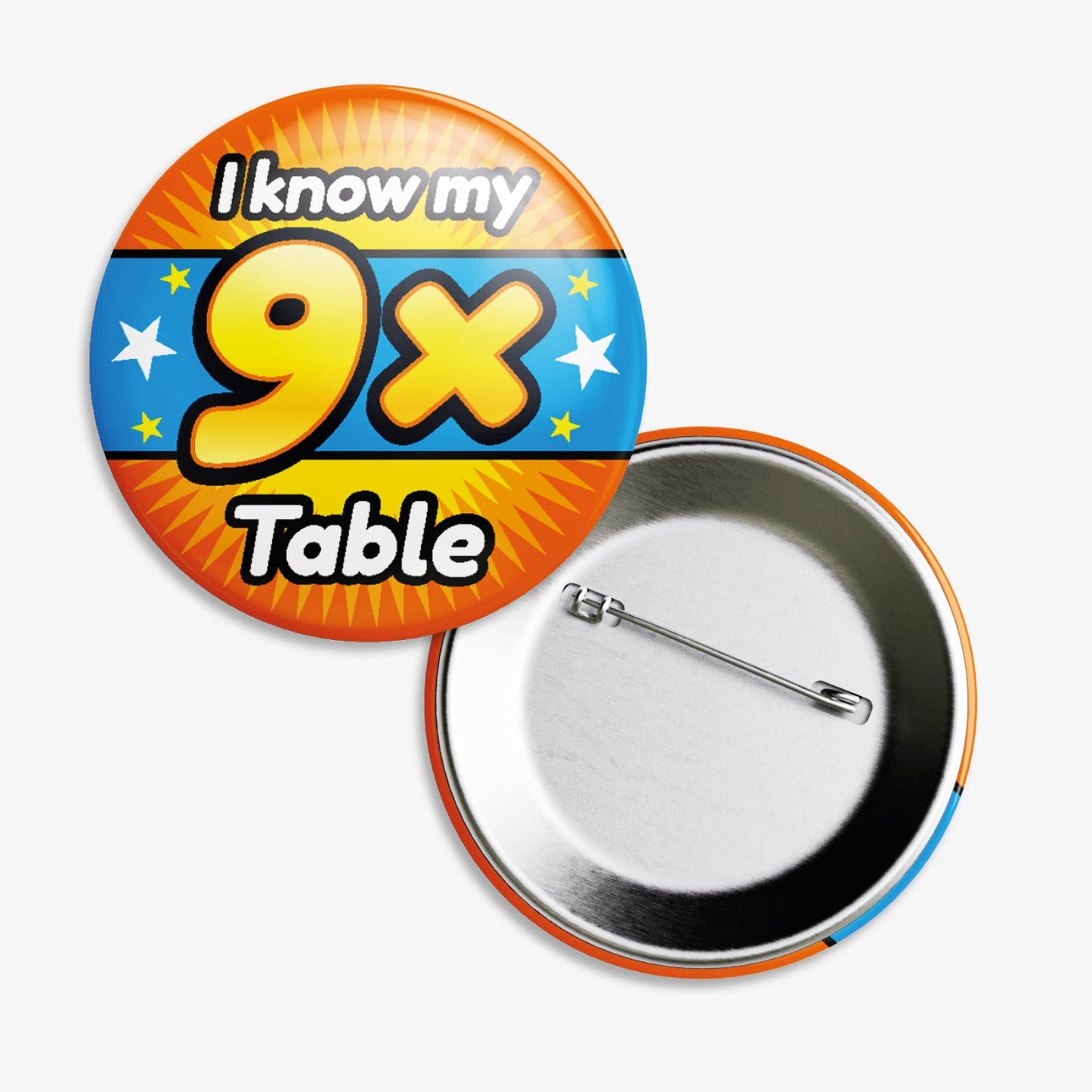 A 38mm circular badge with a vibrant cyan and yellow background, featuring the bold white text 'I know my' above a large yellow '9x' and the word 'Table' below, accented by white stars on either side.