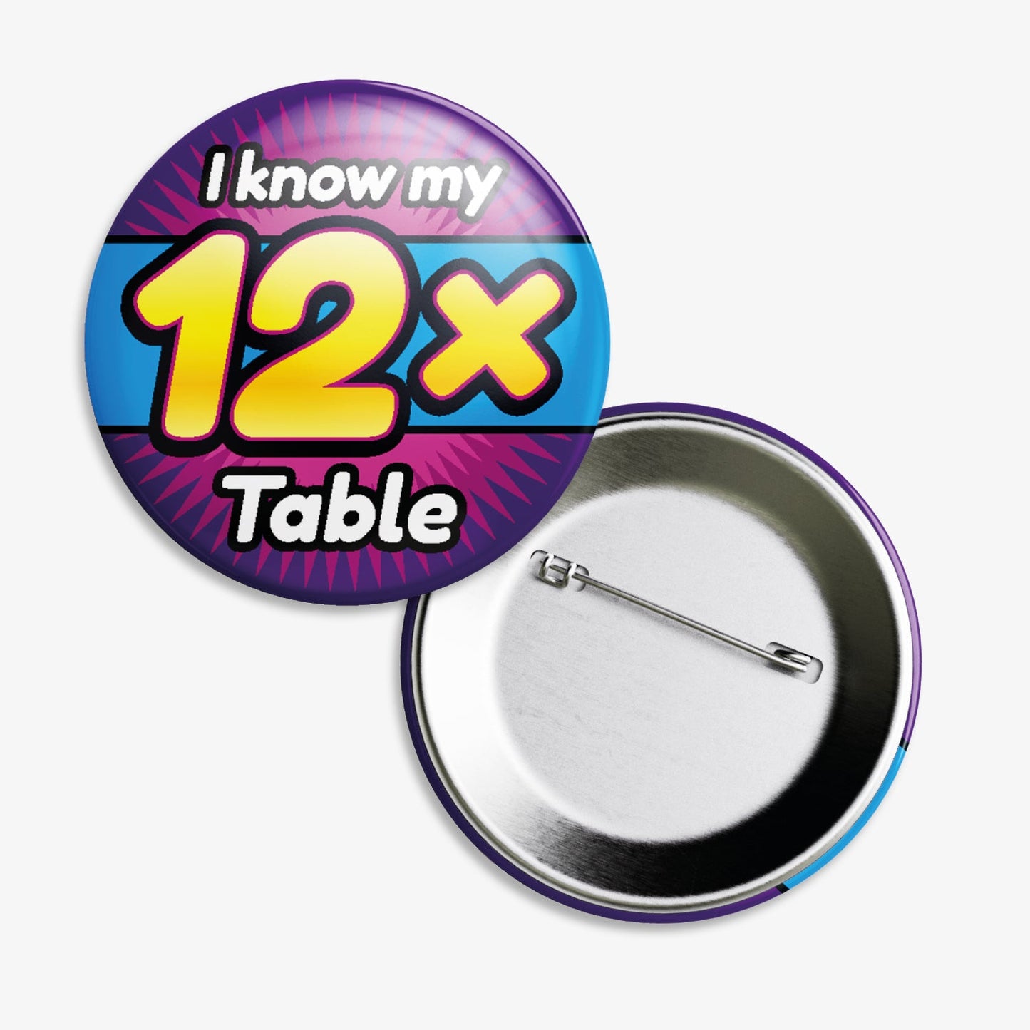 A 38mm circular badge with a vibrant cyan and purple background, featuring the bold white text 'I know my' above a large yellow '12x' and the word 'Table' below, accented by white stars on either side.