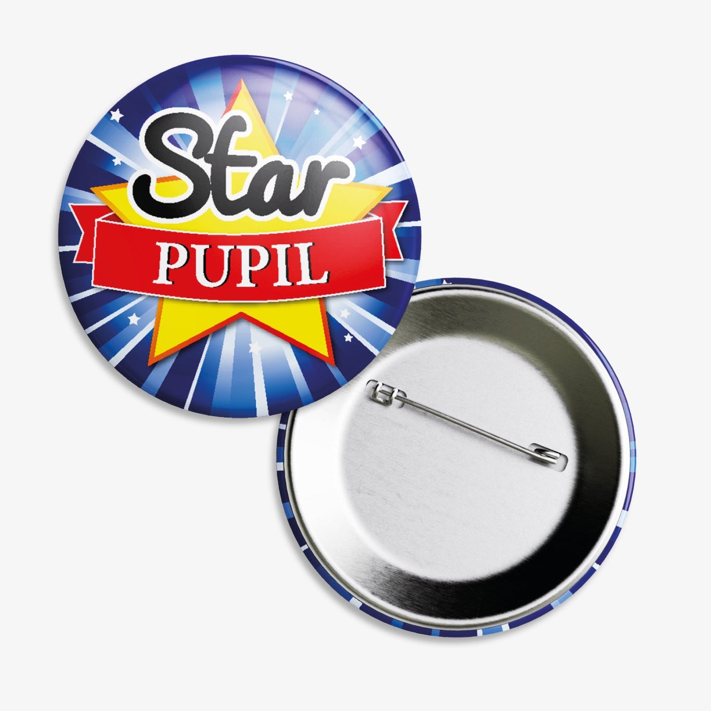 A set of ten 38mm round metal badges featuring a vibrant blue starburst background with a yellow star with red banner across at the centre, displaying the bold text 'Star Pupil' in black and white lettering