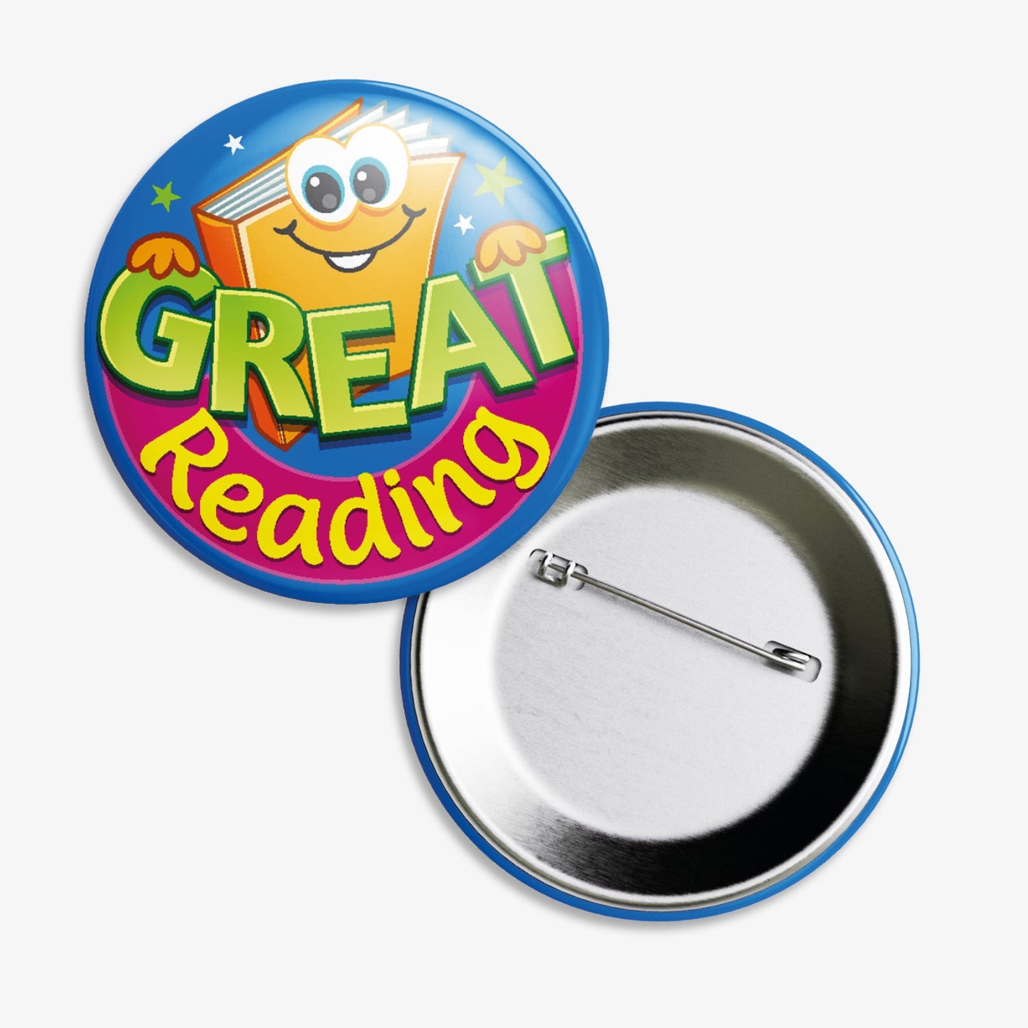 A set of ten 38mm round metal badges featuring a smiling cartoon book character with large eyes, set against a blue and pink background, displaying the phrase 'Great Reading' in bold yellow and pink text; designed to reward and motivate pupils for their reading achievements