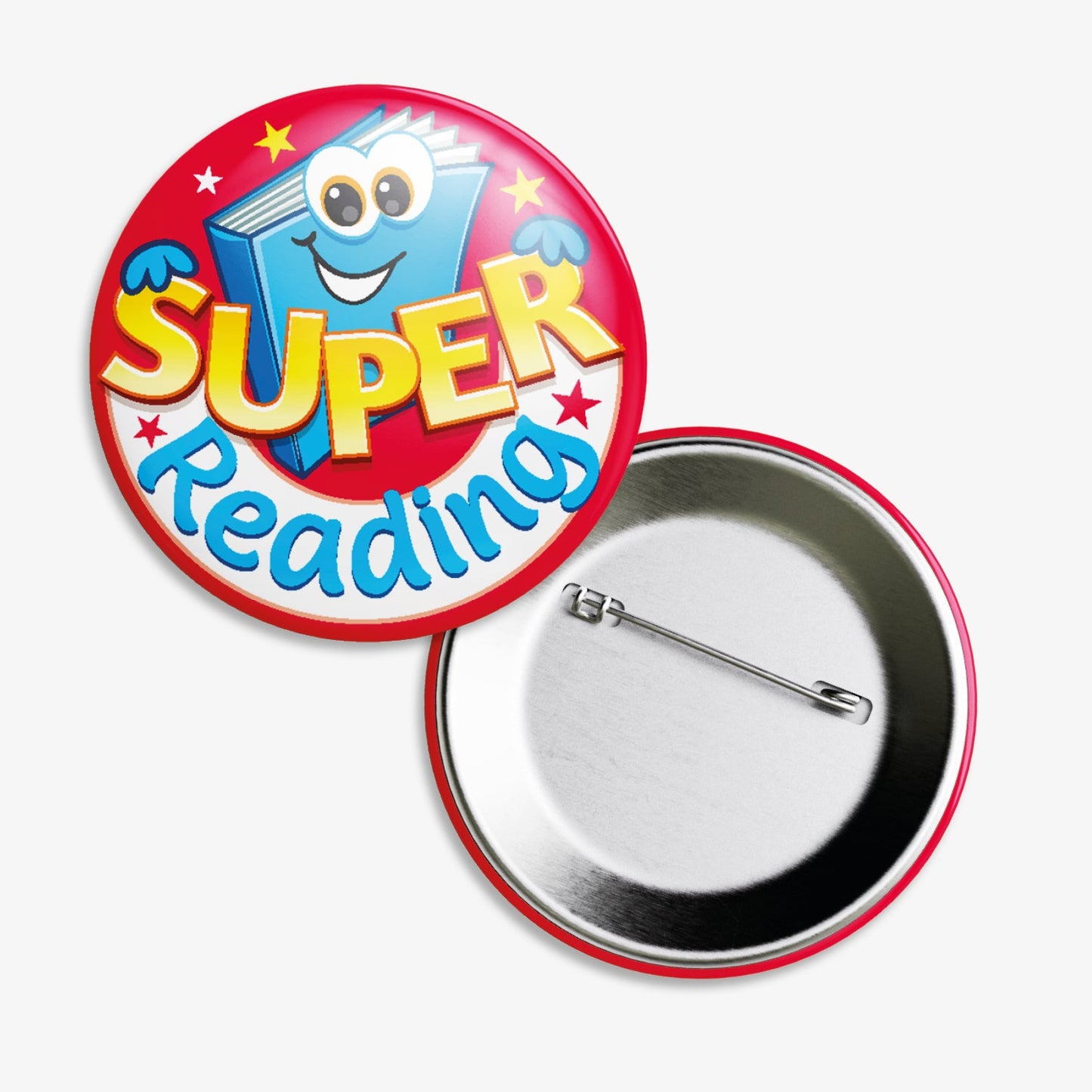 A set of ten 38mm round metal badges featuring a smiling cartoon book character with large eyes, set against a red and blue background, displaying the phrase 'Super Reading' in bold yellow and blue text; designed to reward and motivate pupils for their reading achievements