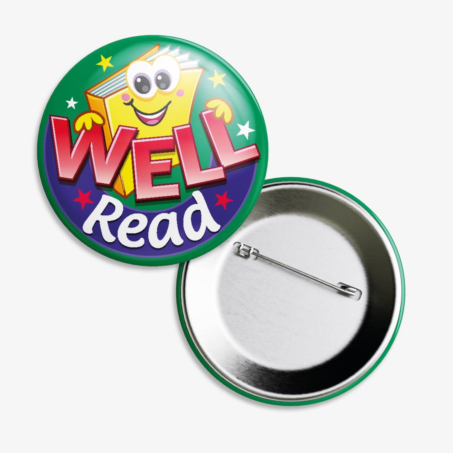 A set of ten 38mm round metal badges featuring a smiling cartoon book character with large eyes, set against a green and blue background, displaying the phrase 'Well Read' in bold red and white text; designed to reward and motivate pupils for their reading achievements