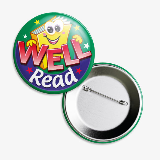 A set of ten 38mm round metal badges featuring a smiling cartoon book character with large eyes, set against a green and blue background, displaying the phrase 'Well Read' in bold red and white text; designed to reward and motivate pupils for their reading achievements