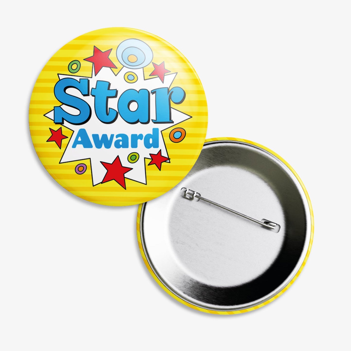 A set of ten 38mm round metal badges featuring a vibrant yellow background with the phrase 'Star Award' in bold blue and red text, surrounded by colourful stars and circles; designed to reward and motivate pupils for outstanding achievements and positive behaviour