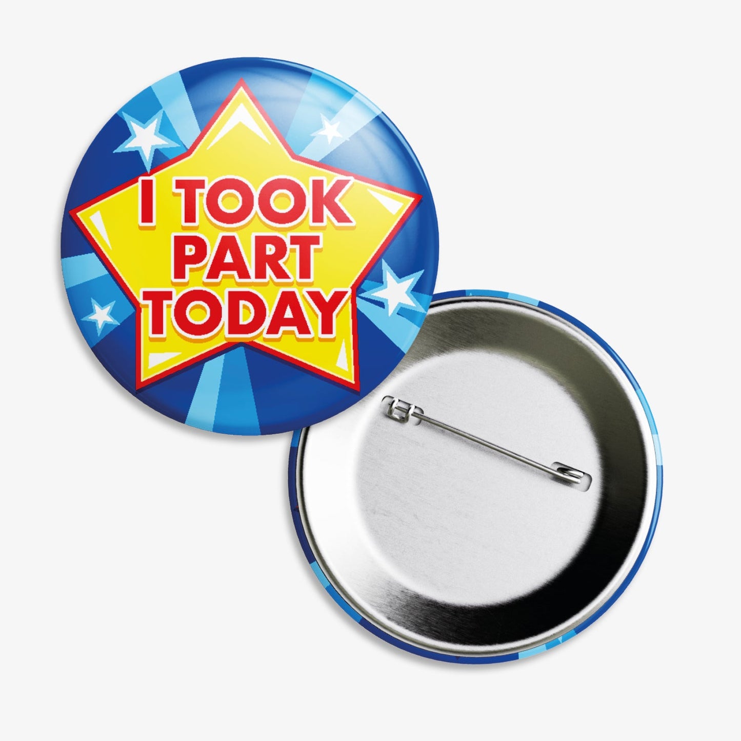 A set of ten 38mm round metal badges featuring a bold yellow star on a blue background with the phrase 'I Took Part Today' in red and yellow text; the reverse of the badge shows a pin fastening