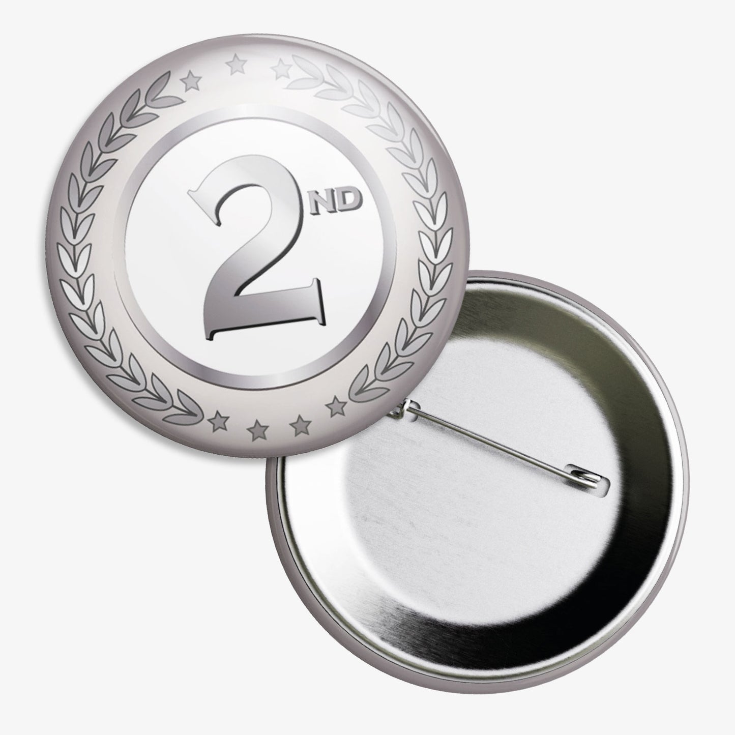 Set of 10, 38mm badges. Silver outer ring with embossed effect laurel wreath design . The centre of the badge is a white circle with '2ND' in silver bold and central. The reverse of the badge shows a pin fastening.