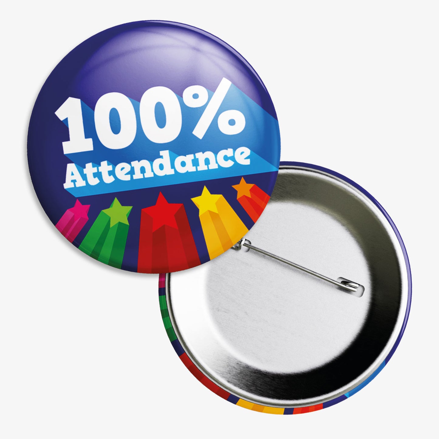 Set of ten 50mm round dark blue badges '100% ATTENDANCE' central to the design and 5 shooting stars below. The image shows the reverse of the badge to be equipped with a pin fastening.
