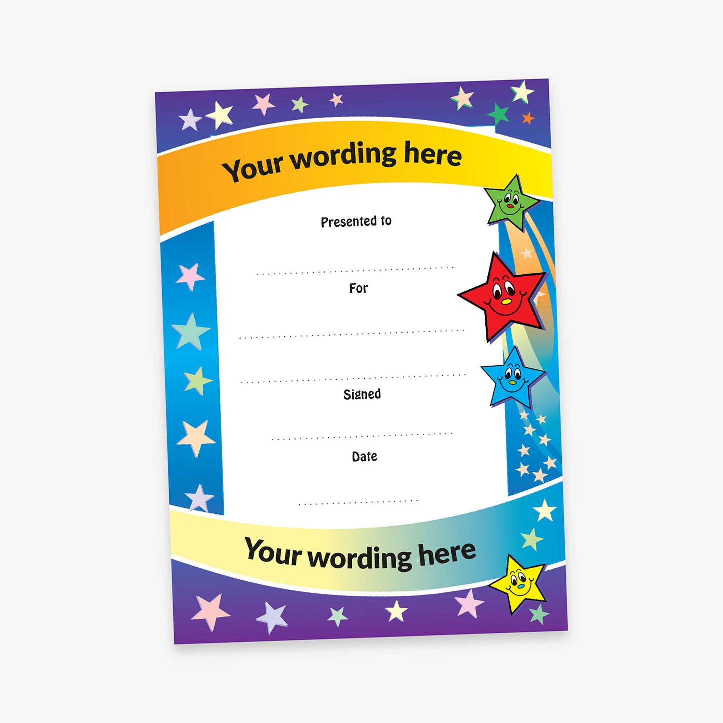 A vibrant certificate with a purple, blue, and yellow star-themed border. The top and bottom feature curved yellow banners with placeholder text 'Your wording here'. The centre includes lines for 'Presented to:', 'For:', 'Signed:', and 'Date:'. Along the right edge are three colourful cartoon stars in green, red, and blue with smiling faces, and a small yellow smiling star in the bottom corner.