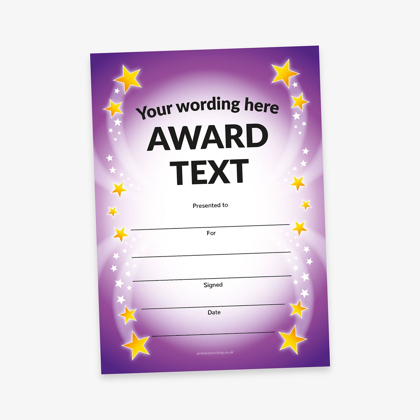 Customisable purple award certificate with a glowing centre, surrounded by yellow and white stars. Placeholder text reads 'Your wording here' and 'AWARD TEXT', with lines for recipient name, reason, signature, and date.