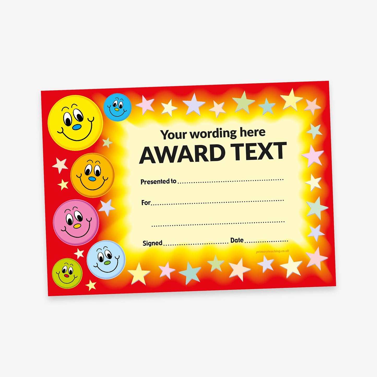 Customisable red award certificate with a glowing centre, surrounded by yellow and white stars and 6 colourful smiling faces of varying sizes down the left hand side. Placeholder text reads 'Your wording here' and 'AWARD TEXT', with lines for recipient name, reason, signature, and date.
