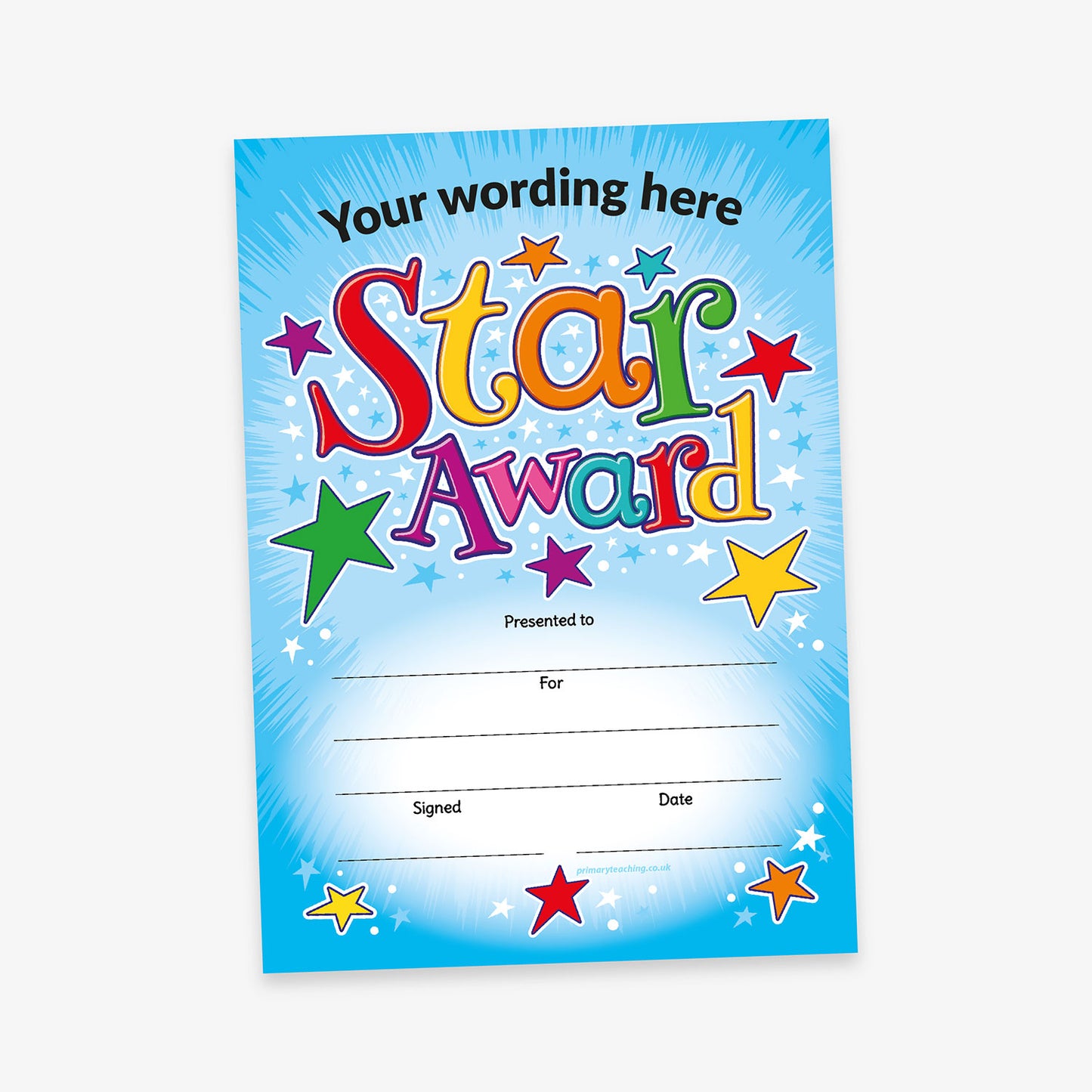 Vibrant 'Star Award' certificate with a sky-blue background and radiating light effects. The title is in large, colourful, playful letters surrounded by multicoloured stars. Customisable fields include 'Presented to', 'For', 'Signed', and 'Date'.