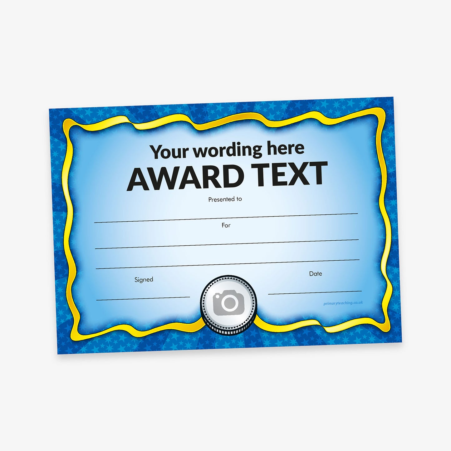 A vibrant blue award certificate with a wavy yellow border and star-patterned background. The centre features placeholder text 'Your wording here' and 'AWARD TEXT' in bold black font, with lines below for 'Presented to:', 'For:', 'Signed:', and 'Date:'. A silver badge with a camera icon is displayed at the bottom centre, indicating an area for a custom image.