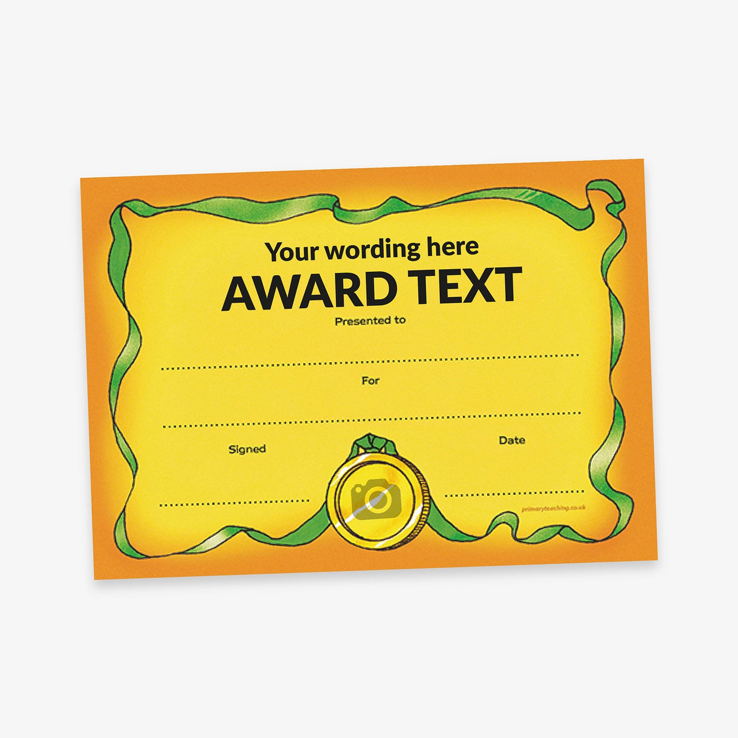 A formal award certificate with a yellow to orange gradient background and placeholder title reading 'Your wording here' and 'AWARD TEXT'. There are blank fields for 'Presented to:', 'For:', 'Signed:', and 'Date:'. A gold medal illustration at the bottom centre has a space to upload an image or logo, with a green ribbon coming from the medal and creating a border for the certificate.