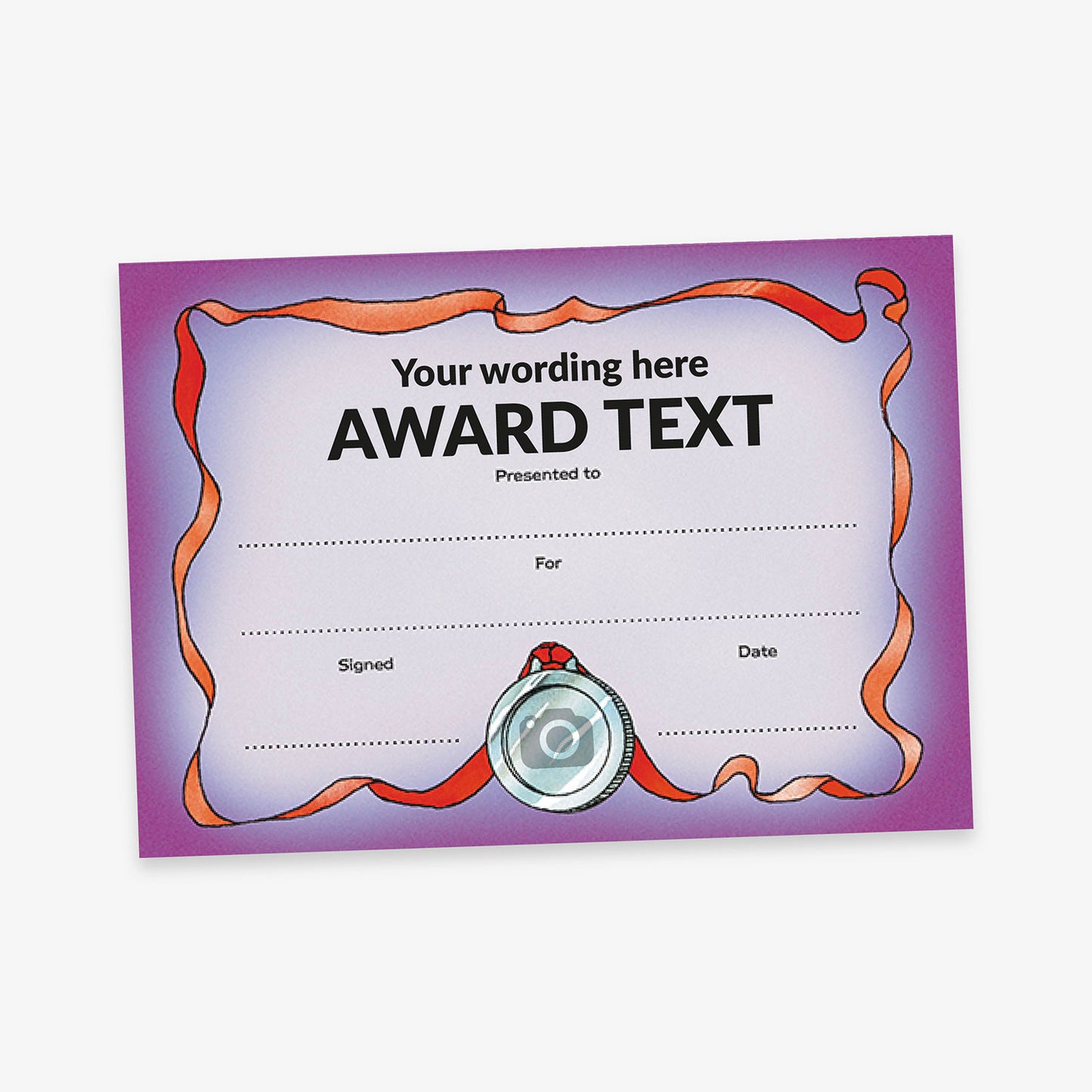 A formal award certificate with a purple gradient background and placeholder title reading 'Your wording here' and 'AWARD TEXT'. There are blank fields for 'Presented to:', 'For:', 'Signed:', and 'Date:'. A gold medal illustration at the bottom centre has a space to upload an image or logo, with a red ribbon coming from the medal and creating a border for the certificate.