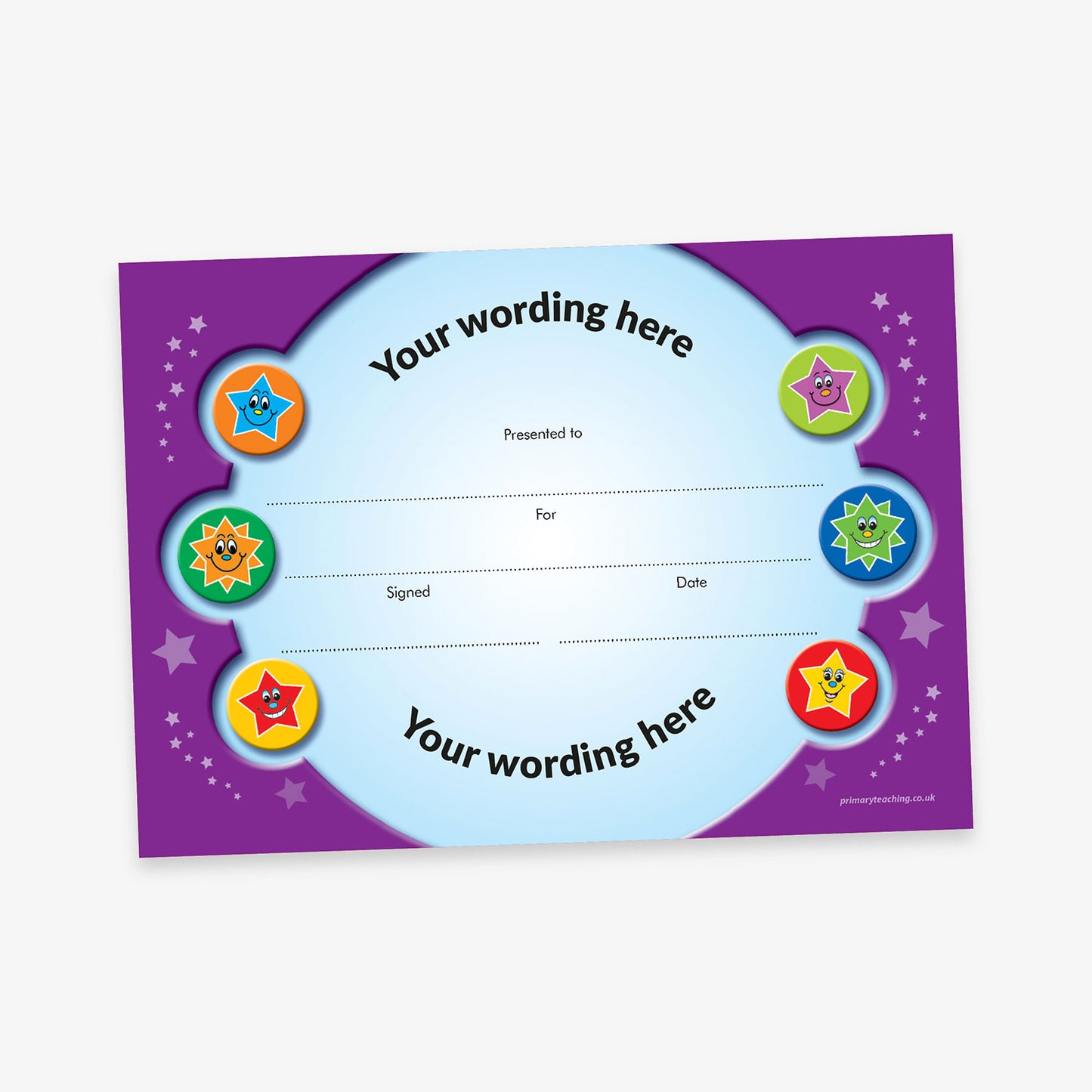 Customisable certificate with a purple border and circular blue centre, decorated with six colourful cartoon star characters around the edges, featuring blank fields for recipient name, reason, date, and signature, along with space for custom wording at the top and bottom.