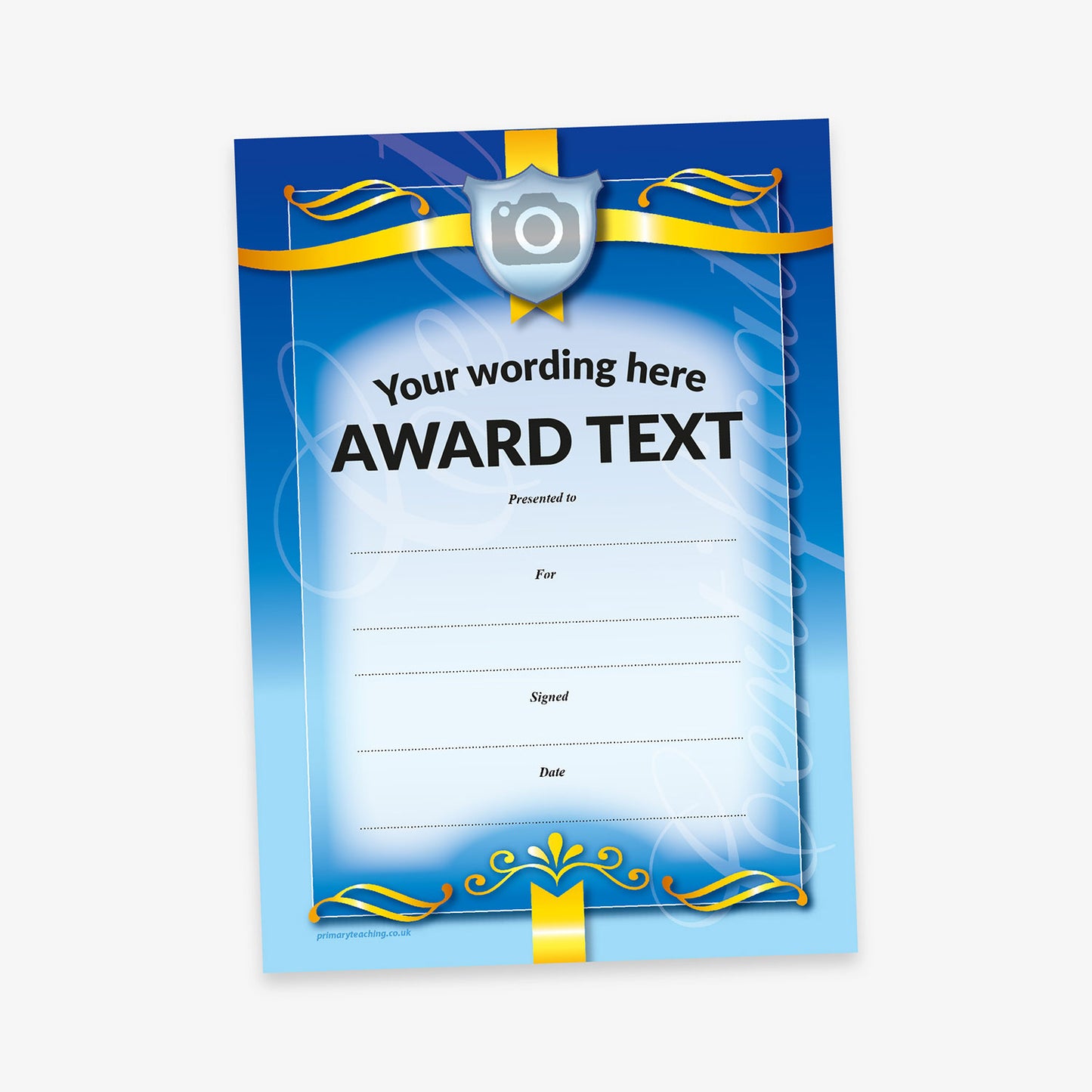 Formal-style certificate with a blue gradient background, ornate gold ribbon and scroll designs, and a central area for custom wording, including fields for recipient, reason, signature, and date. A shield with a camera icon for image upload is displayed at the top.