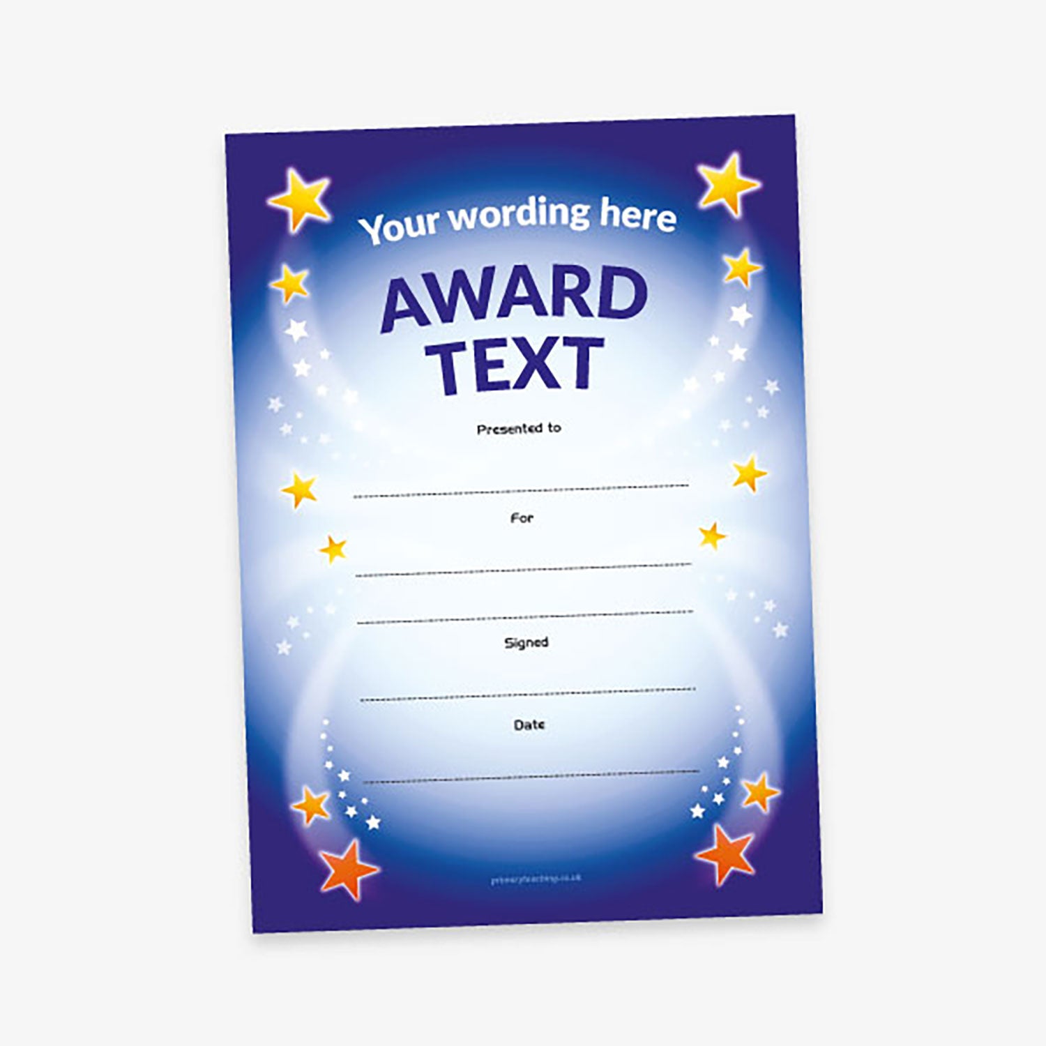 Customisable award certificate with a deep blue gradient background, decorated with stars and sparkles, and spaces for personalised text including recipient, reason, signature, and date.