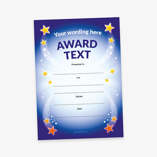 Customisable award certificate with a deep blue gradient background, decorated with stars and sparkles, and spaces for personalised text including recipient, reason, signature, and date.