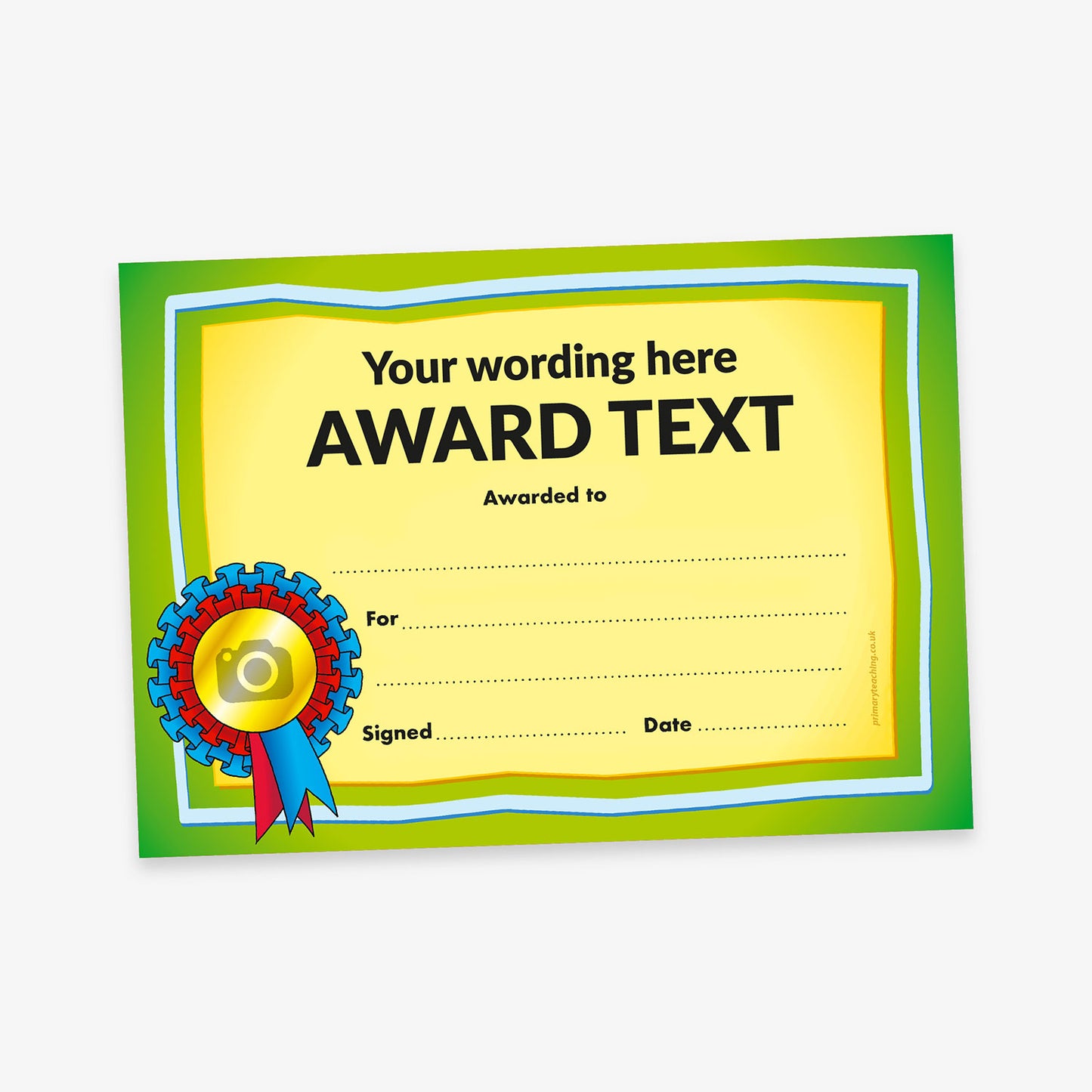 A colourful award certificate with a green border and a yellow centre panel. At the top, placeholder text reads 'Your wording here' and 'AWARD TEXT' in bold black font. The certificate includes dotted lines for 'Awarded to:', 'For:', 'Signed:', and 'Date:'. On the left side is a multicoloured rosette with a gold centre featuring a camera icon, indicating a space for a custom image.
