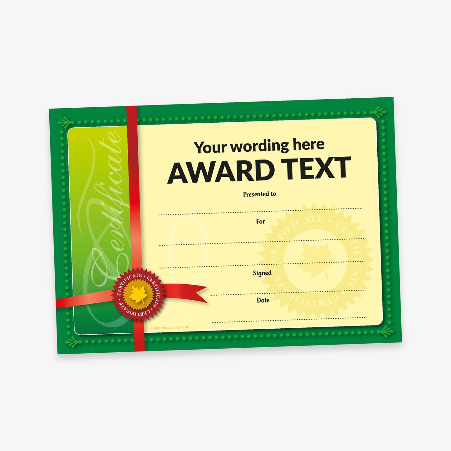 Formal award certificate with a green border and cream centre, decorated with a red ribbon and gold seal on the left. Includes placeholder text for custom wording, award title, recipient name, reason, signature, and date.