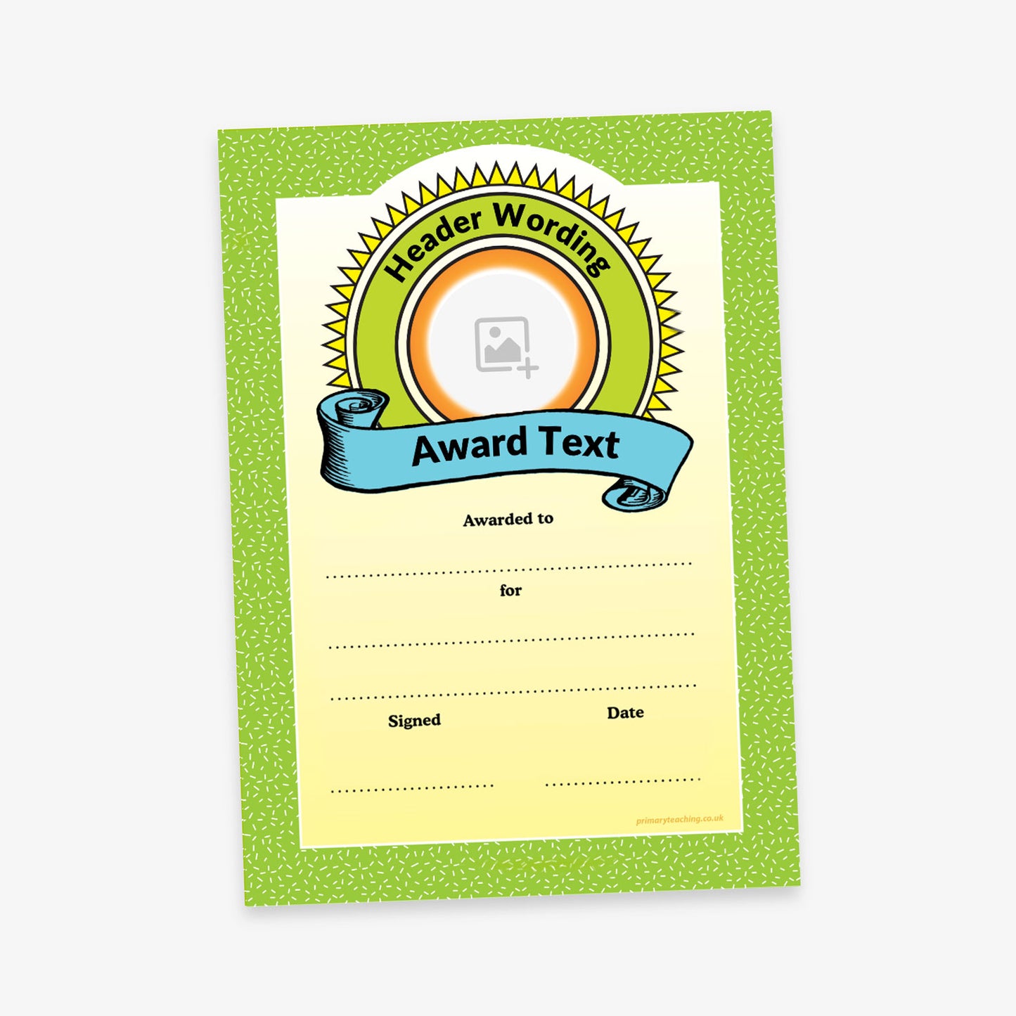 Green and yellow award certificate featuring a sunburst emblem with space for a logo, a blue ribbon with customisable award text, and lines for recipient details and signatures.