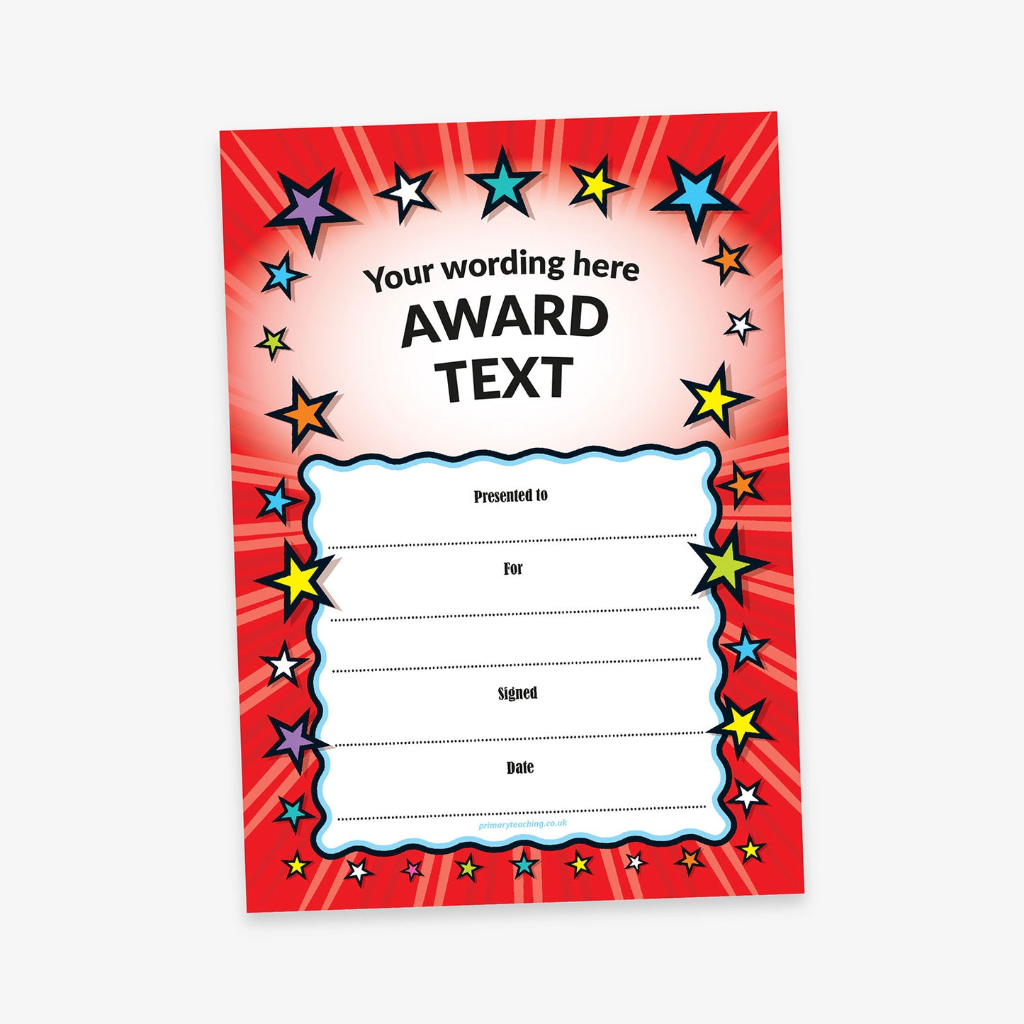 A colourful award certificate template with a red background and a border of multicoloured stars. The top text reads 'Your wording here - AWARD TEXT'. Below are blank lines for 'Presented to', 'For', 'Signed', and 'Date', framed in a cloud-shaped border.