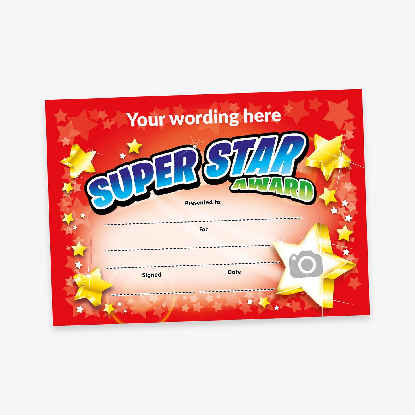 Bright red 'Super Star Award' certificate with golden stars and customisable fields for recipient, purpose, date, and signature.