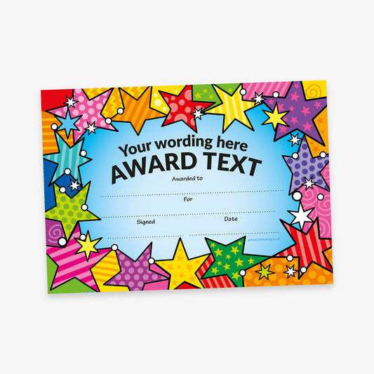 Brightly coloured award certificate with a blue centre area for custom text, surrounded by a vibrant border of multicoloured stars in various patterns and sizes.