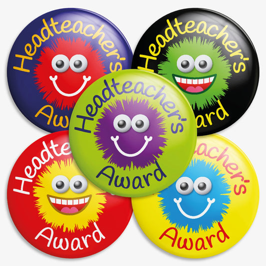 Five circular badges with the phrase 'Headteacher’s Award' surrounding a fuzzy, googly-eyed character with a smiling face. Each badge features a different colour scheme: red on blue, green on black, purple on lime green, yellow on red, and blue on yellow. Designed to reward pupils for exceptional effort or achievement.