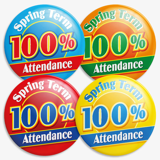 Four colourful circular badges each stating 'Spring Term 100% Attendance' in bold text. The badges are in blue and cyan, cyan and blue, green and purple, and purple with orange. Designed to reward full attendance during the spring school term.
