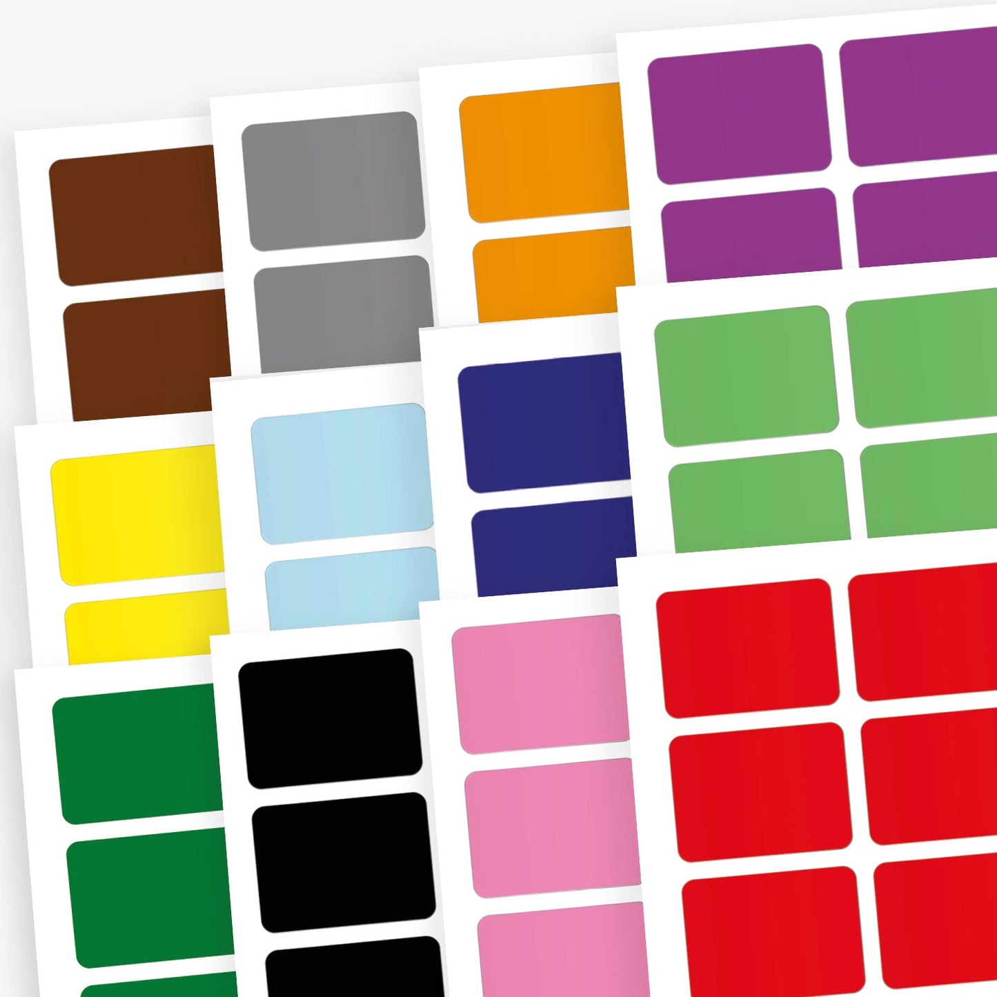 12 sets of 120 rectangular library labels, each measuring 22mm by 16mm, featuring 12 different coloured backgrounds; designed to assist in categorising and organising books.