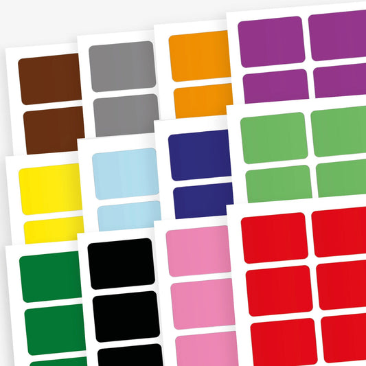 12 sets of 120 rectangular library labels, each measuring 22mm by 16mm, featuring 12 different coloured backgrounds; designed to assist in categorising and organising books.