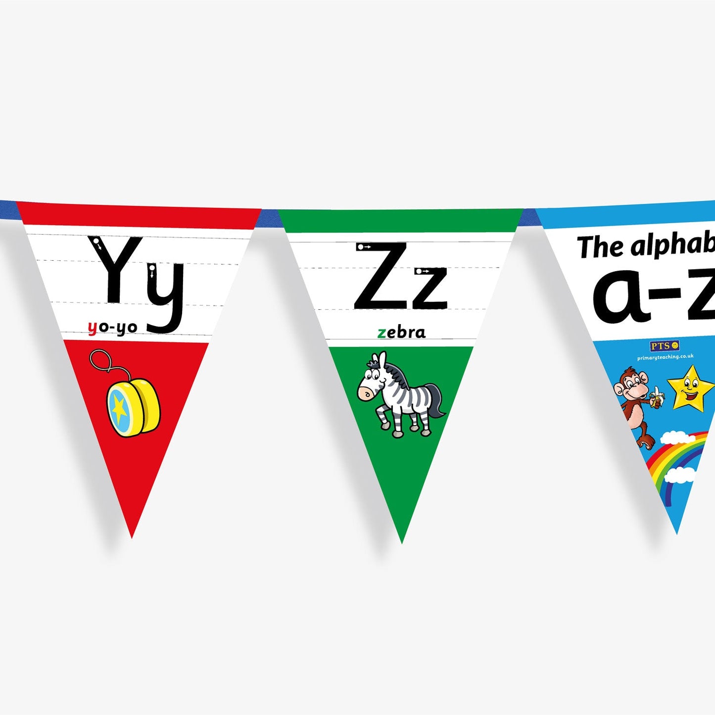 Colourful number bunting on blue ribbon featuring the letters in both capital and small letters Yy, Zz - each flag has images at the point of the bunting relating to the letter and the word; example Yy, word: yo-yo and an image of a yo-yo.