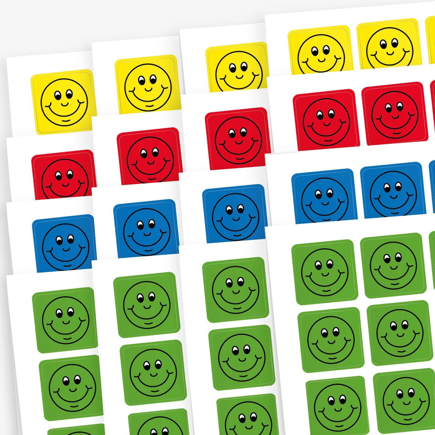 Sheets of square reward stickers with background colours of yellow, red, blue and green. Each sticker has a main image of a black outlines smiling face.